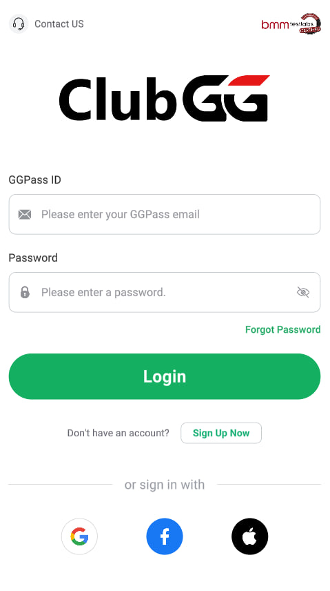ClubGG Login Screen